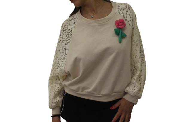 felpa con maniche in pizzo e spilla - BEIGE-2