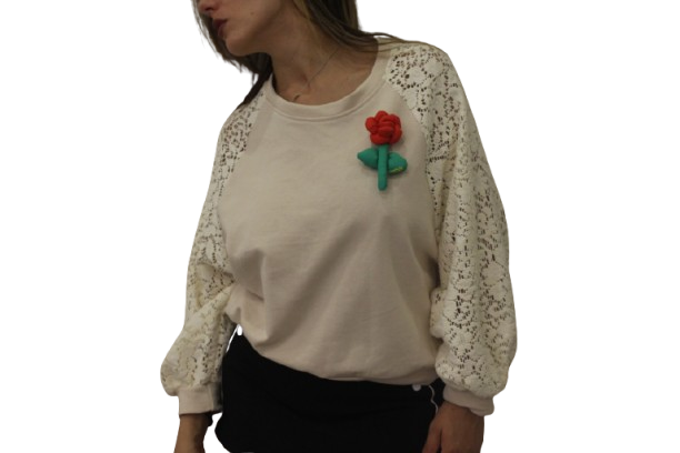 felpa con maniche in pizzo e spilla - BEIGE-1